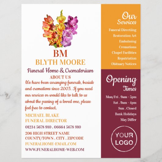 Gladiolus Flowers, Funeral Home, Directors Flyer (Voorkant)