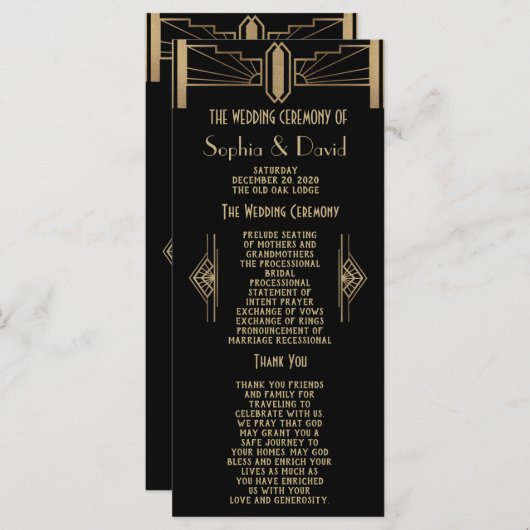 Glam 1920's Great Gatsby Art Deco Wedding Programm Programma (Voorkant / Achterkant)