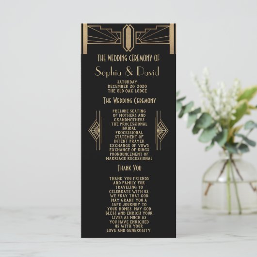 Glam 1920's Great Gatsby Art Deco Wedding Programm Programma (Staand voorkant)