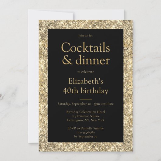 Glam 40th Birthday Black Gold Invitation (Devant)