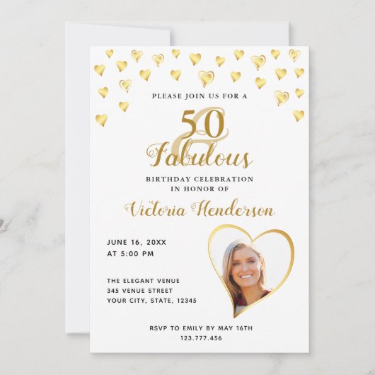 Glam 50 en Fabulous Wit en Goud Foto Verjaardag Kaart (Voorkant)