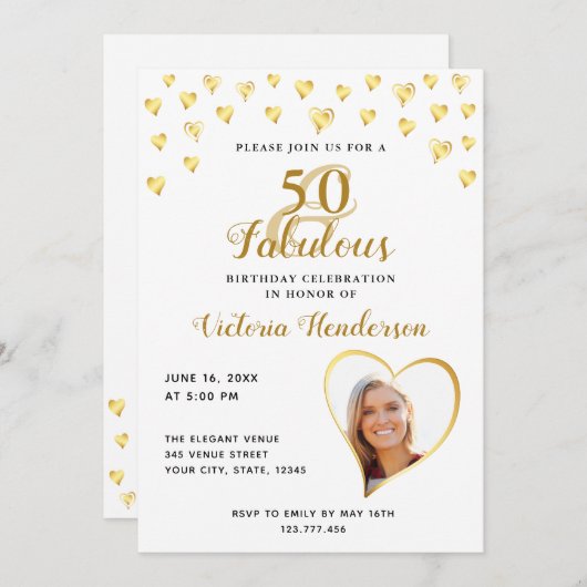 Glam 50 en Fabulous Wit en Goud Foto Verjaardag Kaart (Voorkant / Achterkant)