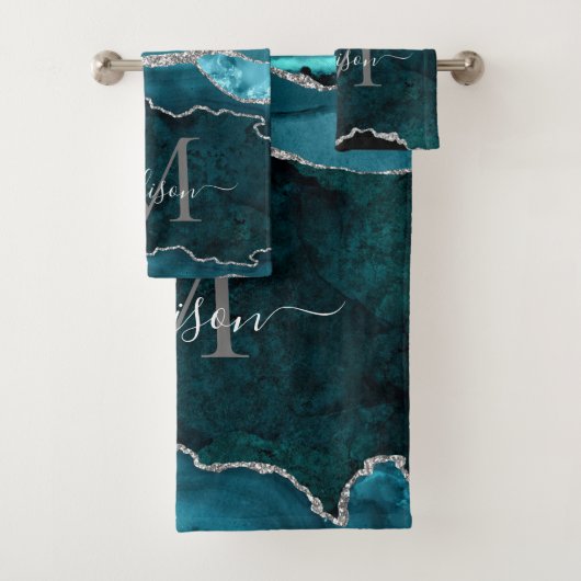 Glam Agate Geode Blauwgroen Green Silver Monogram  Bad Handdoek (Insitu)