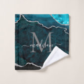Glam Agate Geode Blauwgroen Green Silver Monogram  Bad Handdoek (Wasdoekje)