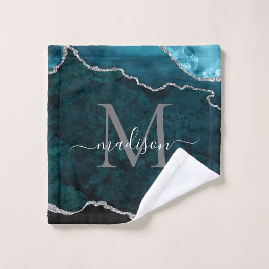 Glam Agate Géode vert Turquoise Silver Monogramme  (Gant de toilette)