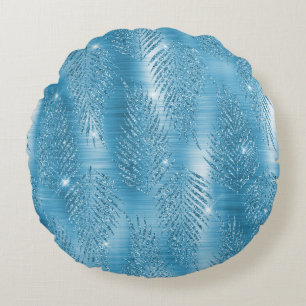 Glam Aqua Blue Tropische Glitter bladeren Rond Kussen