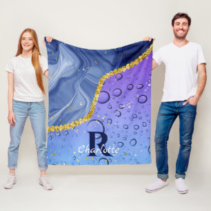 Glam Aqua Blue Water Droplets Ombre Monogram Fleece Deken