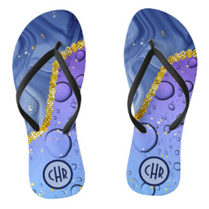 Glam Aqua Blue Water Droplets Ombre   Monogram Teenslippers
