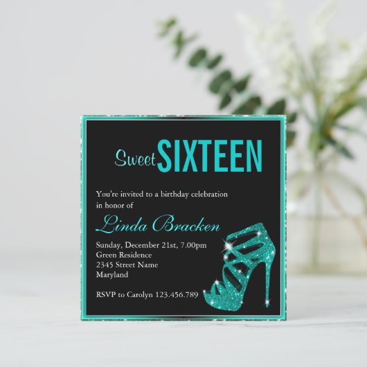 Glam Aqua Glitter High Heel Sweet Sixteen nodigt u Kaart (Staand voorkant)
