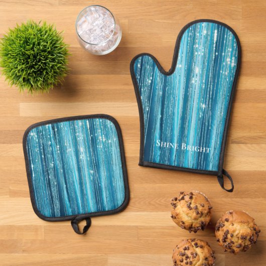 Glam Aqua Sparkle Stripes Ovenwant & Pannenlap Set (Top down)