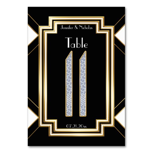 Glam Art Deco Diamond Trouwtafel Nummer Elf Kaart (Voorkant)