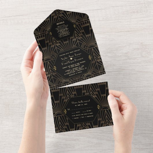 Glam Art Deco Great Gatsby 20s Wedding All In One Uitnodiging (Afscheurbaar)