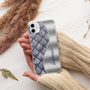 Glam Art Deco patroon zilver marineblauwe naam iPhone 13 Hoesje