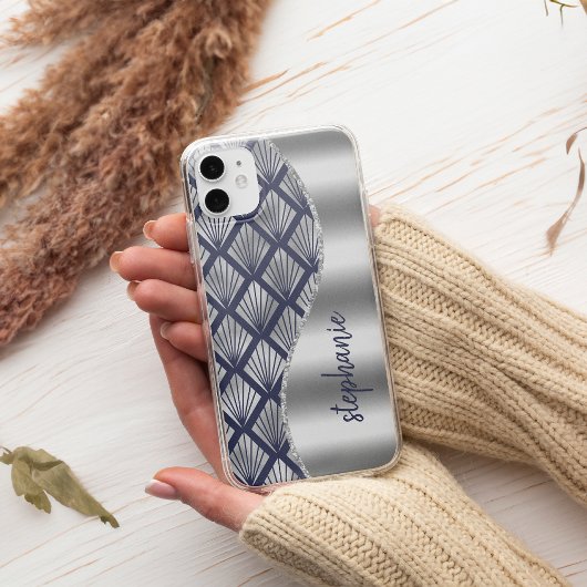 Glam Art Deco Pattern Silver Navy Blue Name Case-Mate iPhone Case