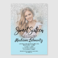 Glam Baby Blue & Glitter Sweet 16 Foto Uitnodiging