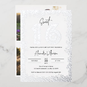 Glam Birthday Party Silver Glitter Photo Sweet 16 Folie Uitnodiging