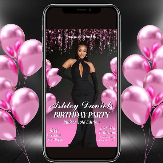 Glam Black and Pink Anniversaire Party Invitation