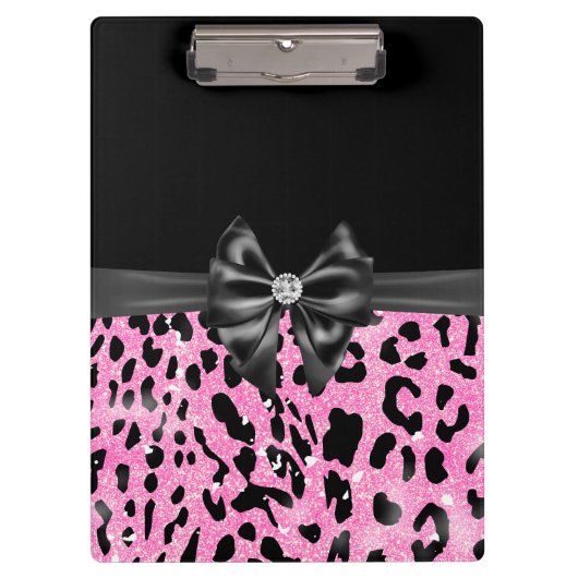Glam Black Bow Diamond Roze Glitter Luipaard Klembord (Voorkant)