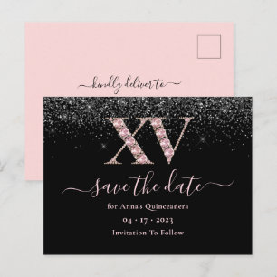 Glam Black en roze Quinceanera bewaren de datum Briefkaart