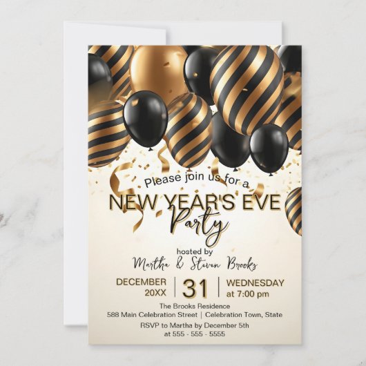 Glam Black Gold Balloons New Year's Eve Party Kaart (Voorkant)