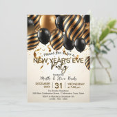Glam Black Gold Balloons New Year's Eve Party Kaart (Staand voorkant)