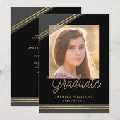 Glam Black + Gold Graduation Invitations (Devant / Derrière)