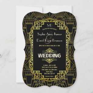 Glam Black & Gold Great Gatsby Art Deco Wedding Kaart