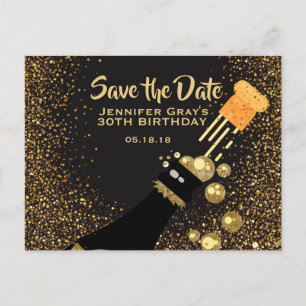 Glam Black Gold Save the Date Champagne Birthday Aankondigingskaart
