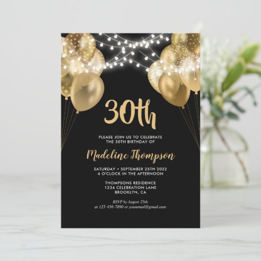 Glam Black Gold String Light ballon Birthday Kaart (Staand voorkant)