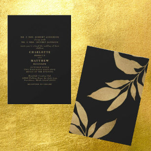 Glam Black Metallic Gold Foliage Weddenschap Kaart