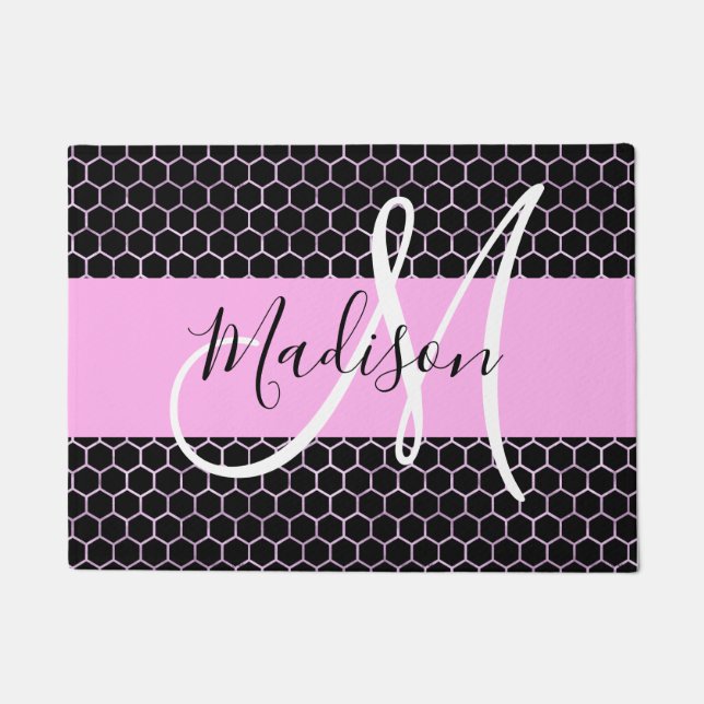 Glam Black Metallic Pink Honeycomb Monogram Naam Deurmat (Voorkant)