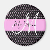 Glam Black Metallic Pink Honeycomb Monogram Naam Magneet (Voorkant)