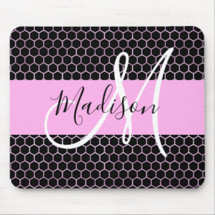 Glam Black Metallic Pink Honeycomb Monogram Naam Muismat