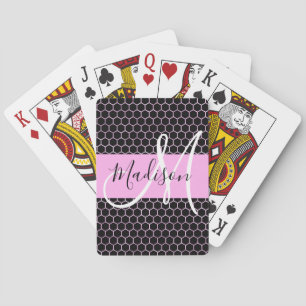 Glam Black Metallic Pink Honeycomb Monogram Naam Pokerkaarten