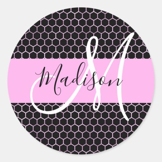 Glam Black Metallic Pink Honeycomb Monogram Naam Ronde Sticker (Voorkant)