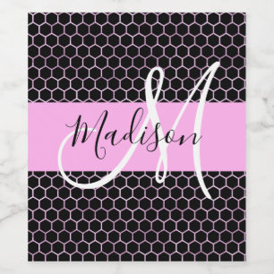 Glam Black Metallic Pink Honeycomb Monogram Naam Wijn Etiket