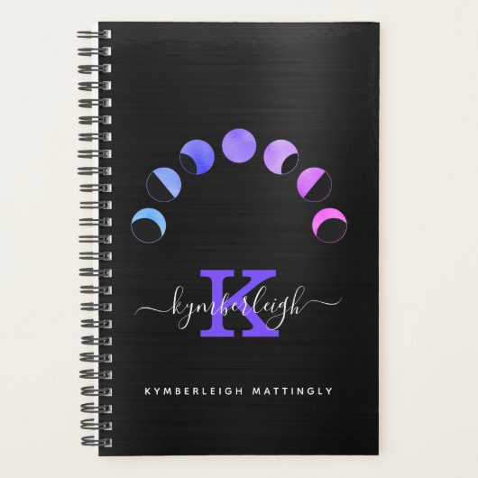 Glam Black Moon Phases Pastel Monogram Naam Klein Planner (Voorkant)