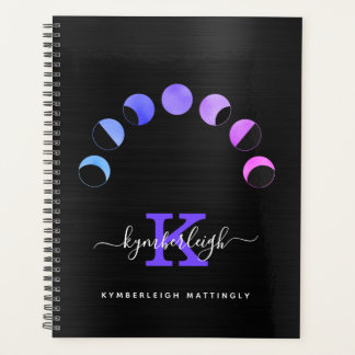 Glam Black Moon Phases Pastel Monogram Name Large Planner