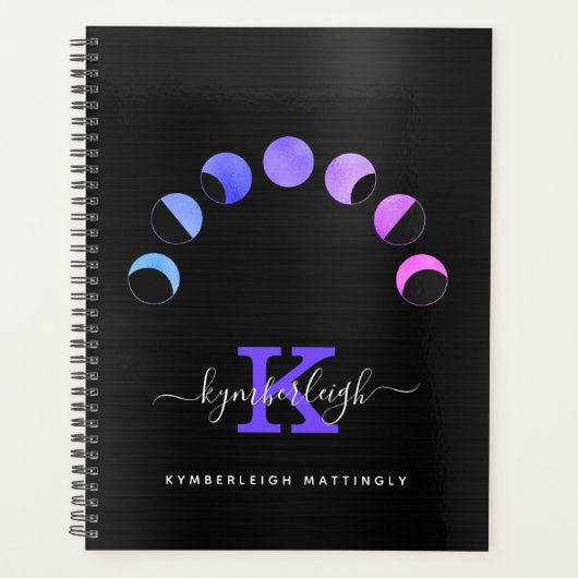 Glam Black Moon Phases Pastel Monogram Name Large Planner (Voorkant)