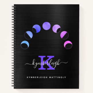 Glam Black Moon Phases Pastel Paars Monogram Name Notitieboek
