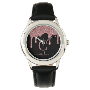 Glam Black Roos Gold Glitter Drift Monogram Horloge
