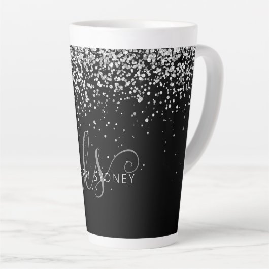 Glam Black Silver Glitter Glam Monogram Naam Latte Mok (Rechterhoek)