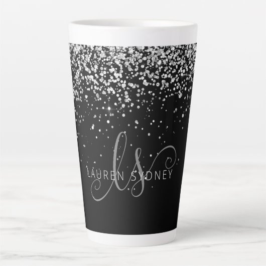 Glam Black Silver Glitter Glam Monogram Naam Latte Mok (Voorkant)