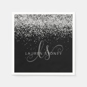 Glam Black Silver Glitter Glam Monogram Naam Servet (Voorkant)