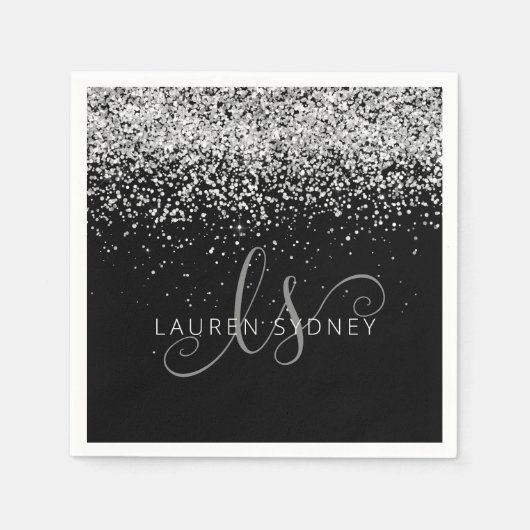 Glam Black Silver Glitter Glam Monogram Naam Servet (Voorkant)
