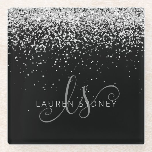 Glam Black Silver Glitter Monogram Naam Glazen Onderzetter (Voorkant)