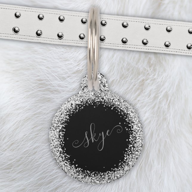 Glam Black Silver Glitter Monogram Naam Huisdierpenning (Creator heeft geüpload)