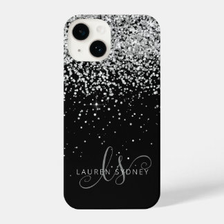 Glam Black Silver Glitter Monogram Naam iPhone 14 Hoesje