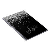 Glam Black Silver Glitter Monogram Naam Notitieboek (Rechterzijde)