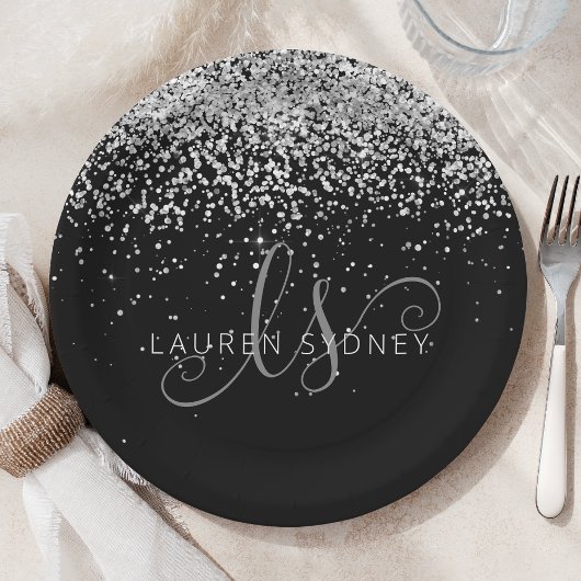 Glam Black Silver Glitter Monogram Naam Papieren Bordje